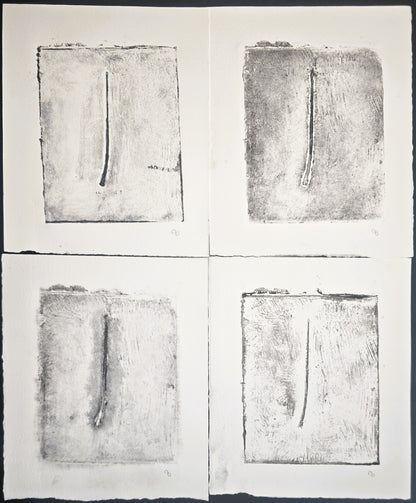 'Pine Needles - Becoming 01_05-08' original fine art monoprints by Carrie Bergey, four abstract grayscale prints displayed in a grid layout.