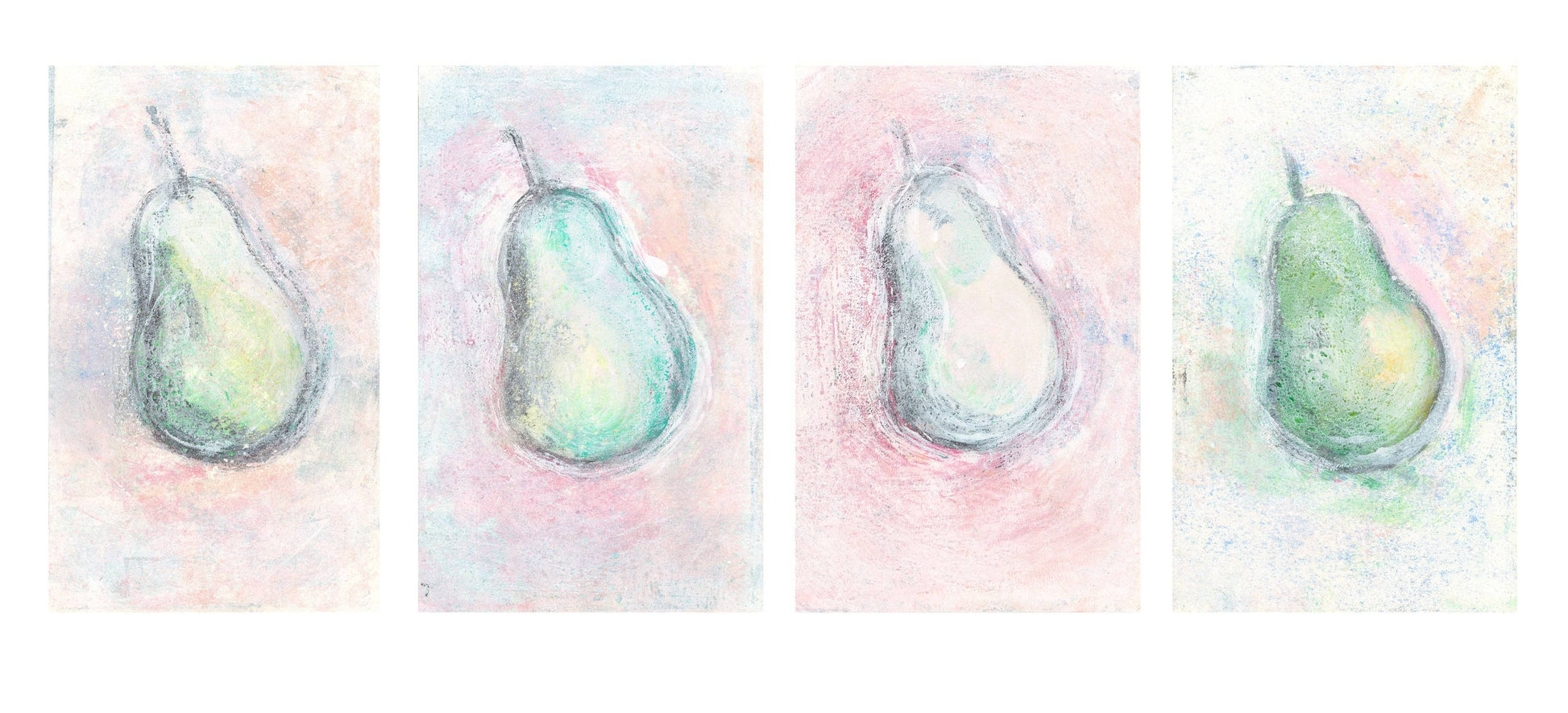 Horizontal layout of Pears Original Monoprint Series Art by Carrie Bergey showing four unique pear prints in soft hues. Perfect for gallery wall styling.
