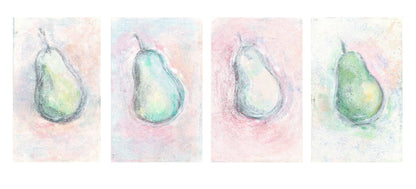 Horizontal layout of Pears Original Monoprint Series Art by Carrie Bergey showing four unique pear prints in soft hues. Perfect for gallery wall styling.