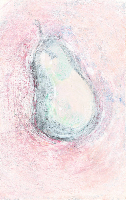Soft pink pear monoprint from Pears Original Monoprint Series Art by Carrie Bergey featuring swirling textures and gentle color transitions. Elegant wall art.