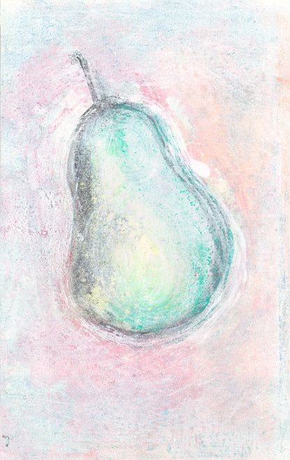 Cool-toned pear monoprint from Pears Original Monoprint Series Art by Carrie Bergey with blue and pink highlights. Adds a fresh touch to art collections.