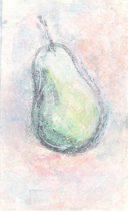 Green pear monoprint from Pears Original Monoprint Series Art by Carrie Bergey with warm pink and peach tones. A delicate and vibrant art piece.