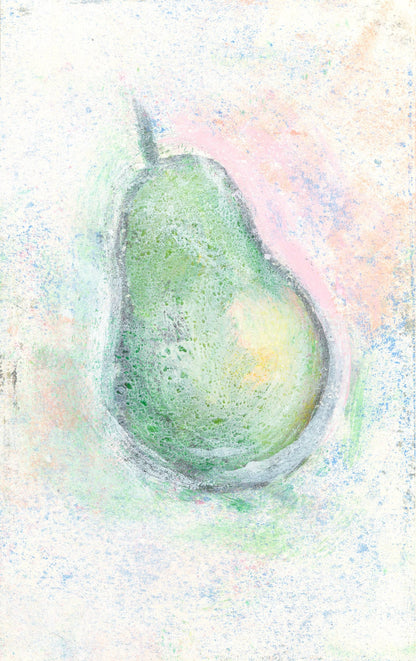 Single pear artwork from Pears Original Monoprint Series Art by Carrie Bergey with green and yellow tones on a pastel background. Textured and expressive.