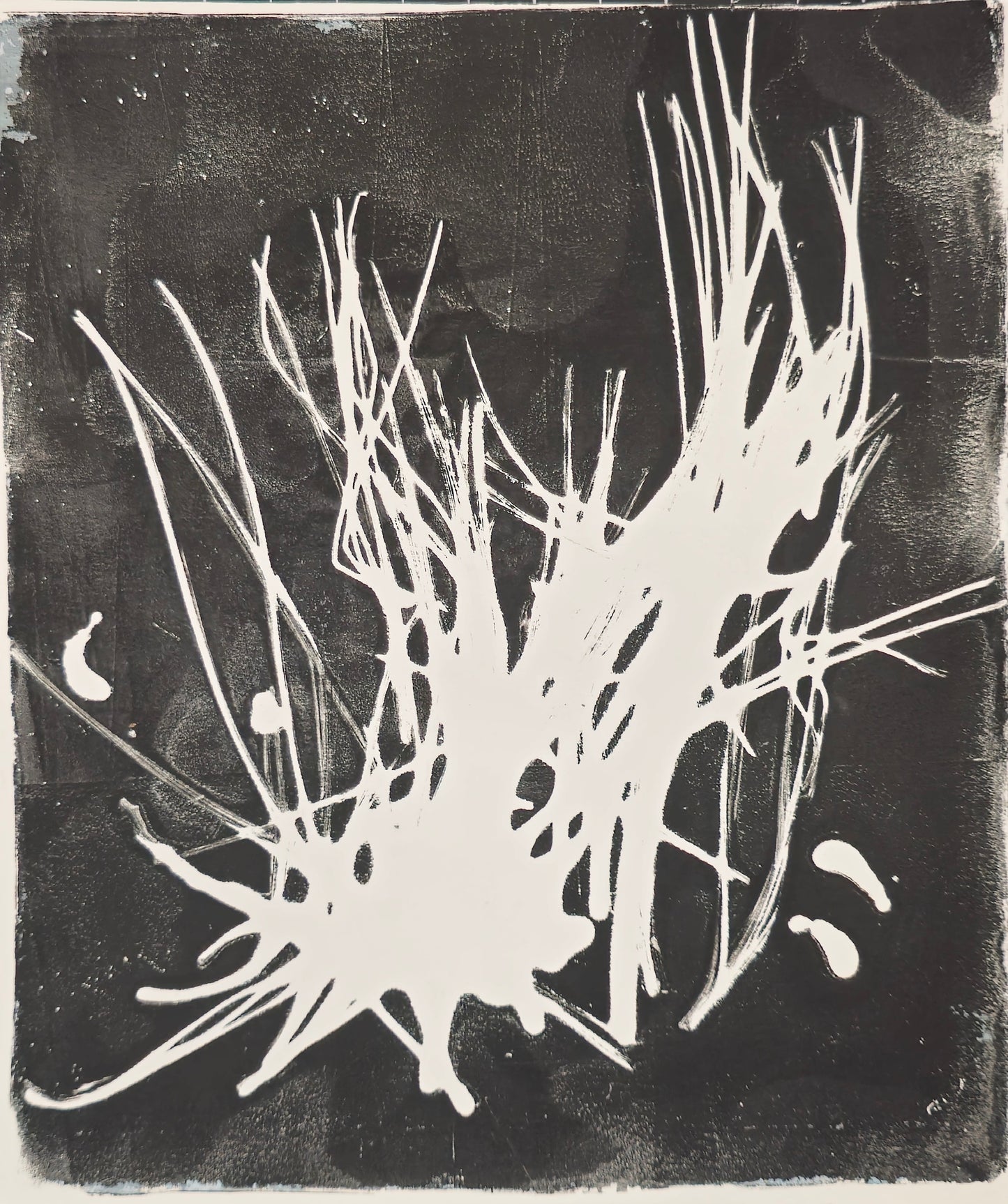 Pine Needles Monoprint - Fine Art | Original Series by Bergey features abstract white pine needle forms on a black background. A unique handcrafted original artwork.