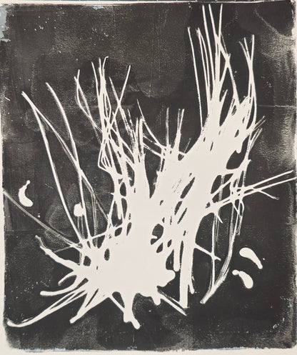 Pine Needles Monoprint - Fine Art | Original Series by Bergey features abstract white pine needle forms on a black background. A unique handcrafted original artwork.