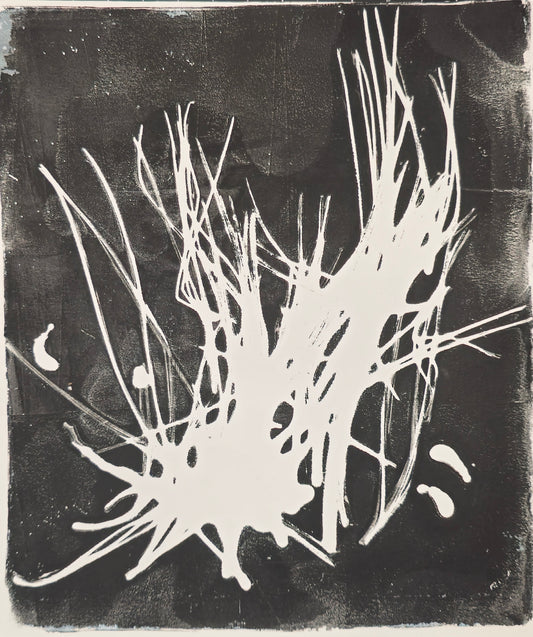 Pine Needles Monoprint - Fine Art | Original Series by Bergey features abstract white pine needle forms on a black background. A unique handcrafted original artwork.