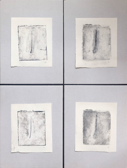 Minimalist quadriptych from 'Pine Needles - Becoming 01_05-08' by Carrie Bergey, featuring abstract pine needle impressions on textured paper.