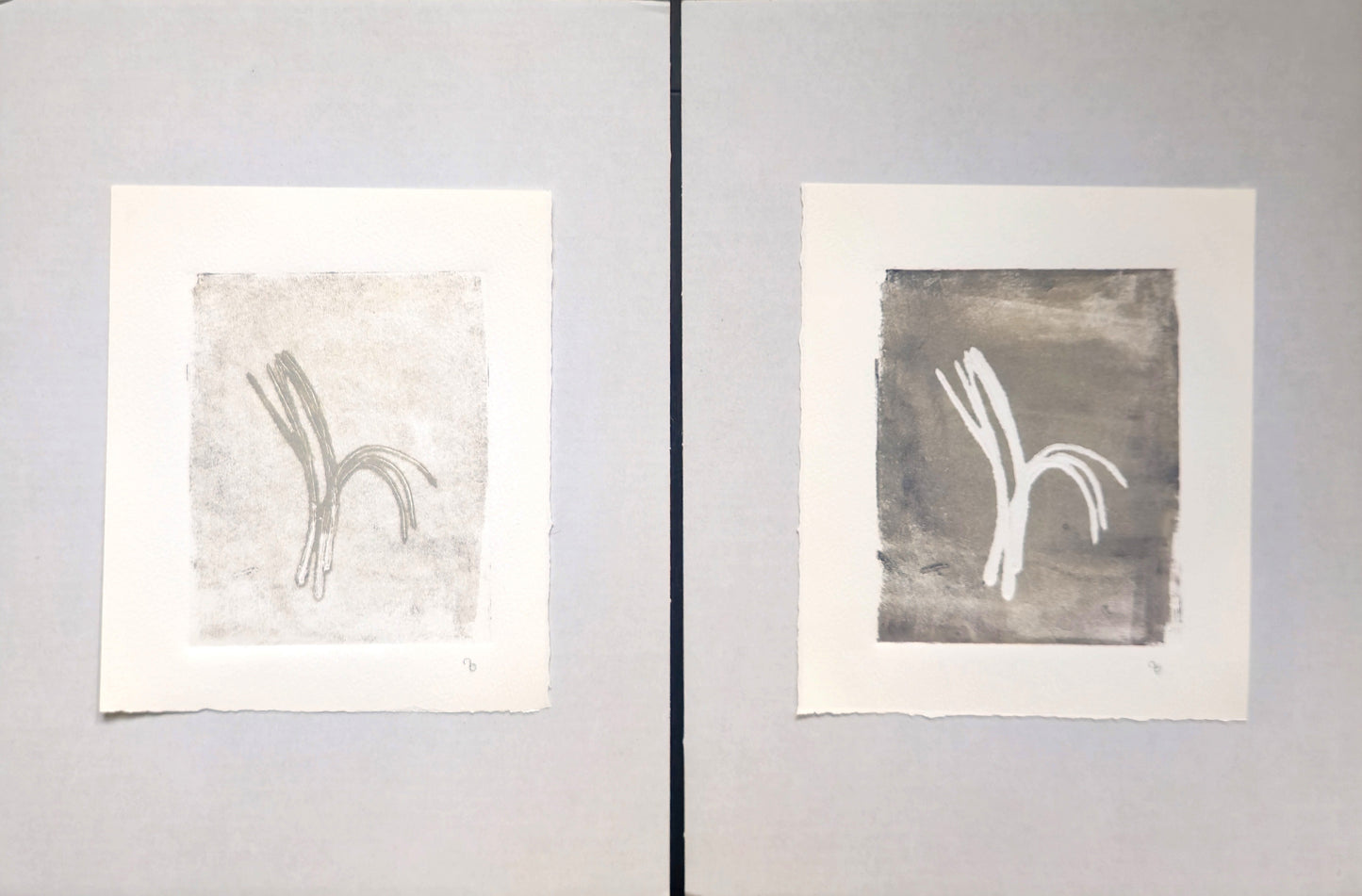 Side-by-side view of Carrie Bergey's Pine Needles - Becoming 17_01-02 Diptych, highlighting textured abstract pine needle forms in neutral hues.