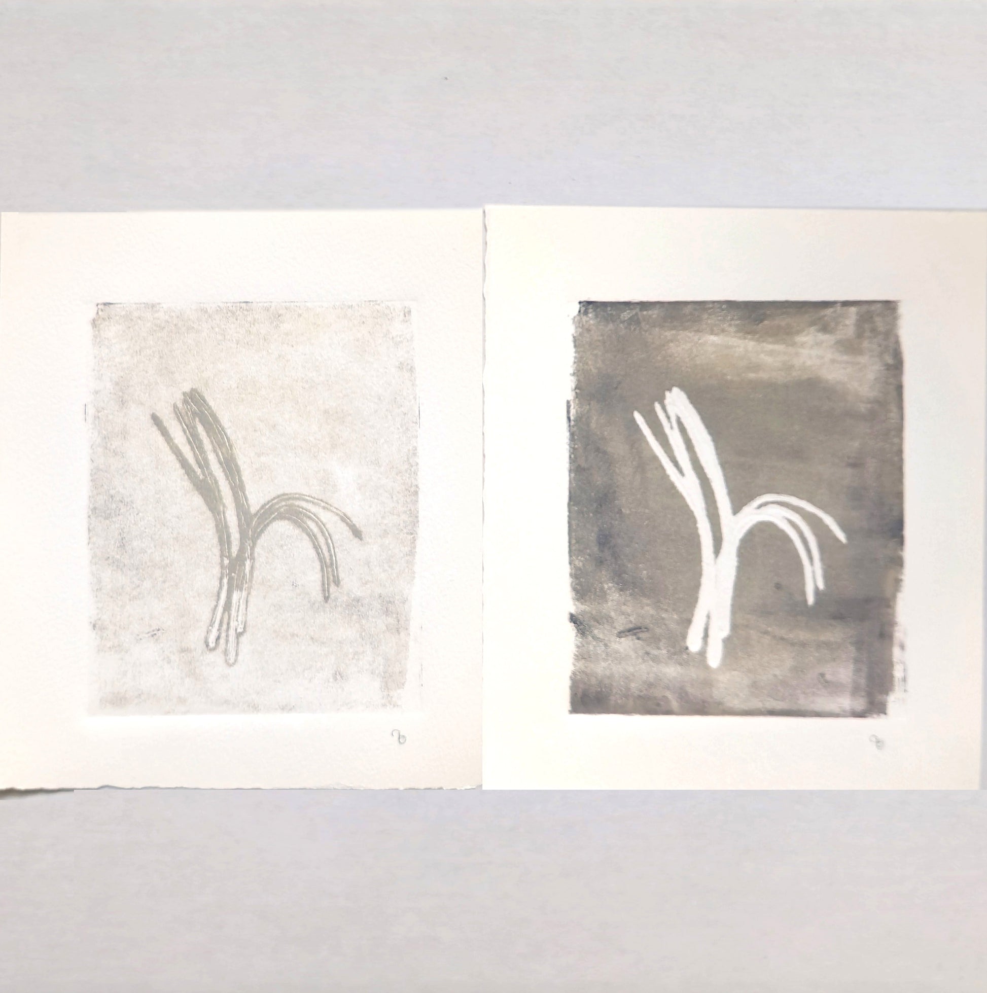 Close-up of Pine Needles - Becoming 17_01-02 Diptych by Carrie Bergey, featuring minimalist collagraph monoprints in white and grey tones.