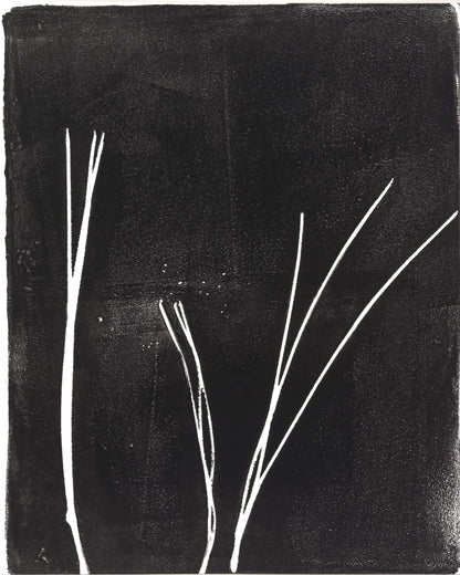 Sparse white pine needle lines on black in a minimalist panel from Pine Needles Octaptych Collection by Carrie Bergey.