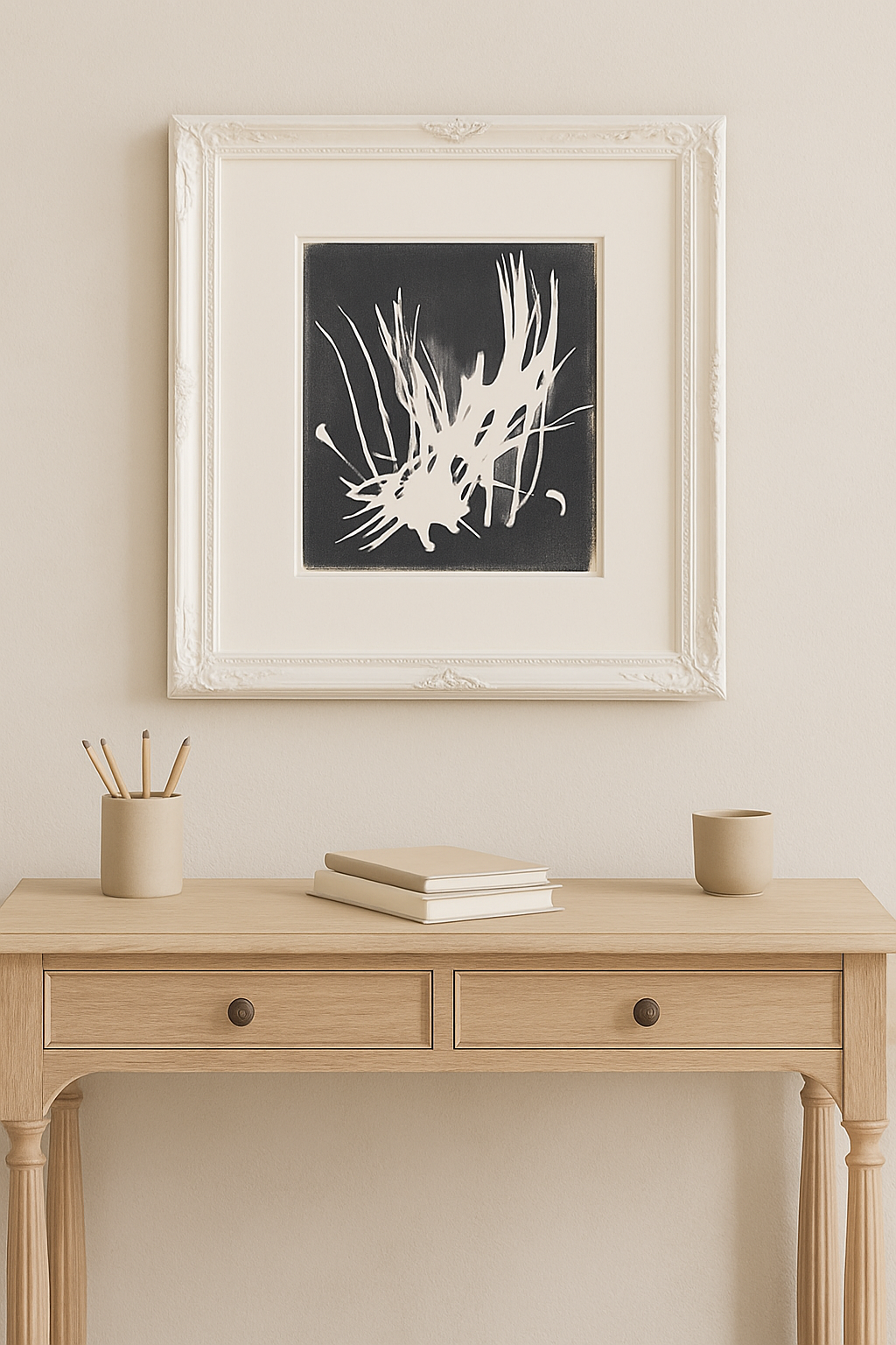 Pine Needles Monoprint - Fine Art | Original Series by Bergey displayed in a white ornate frame above a wooden desk. Ideal for modern home decor and art collectors.