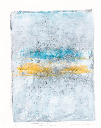 Playa Del Carmen Original Fine Art Monoprint featuring abstract coastal hues of blue, yellow, and white in a textured vertical composition.