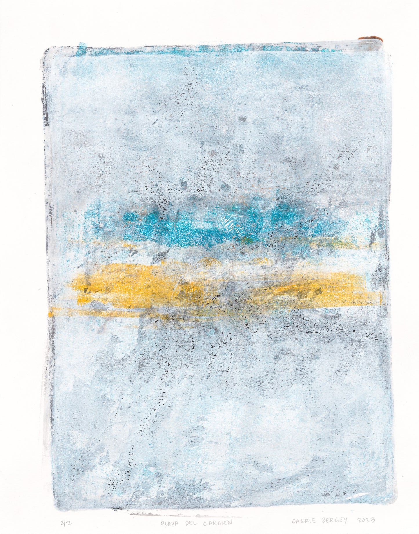 Playa Del Carmen Original Fine Art Monoprint showcasing textured blue and yellow brushstrokes inspired by coastal scenery.