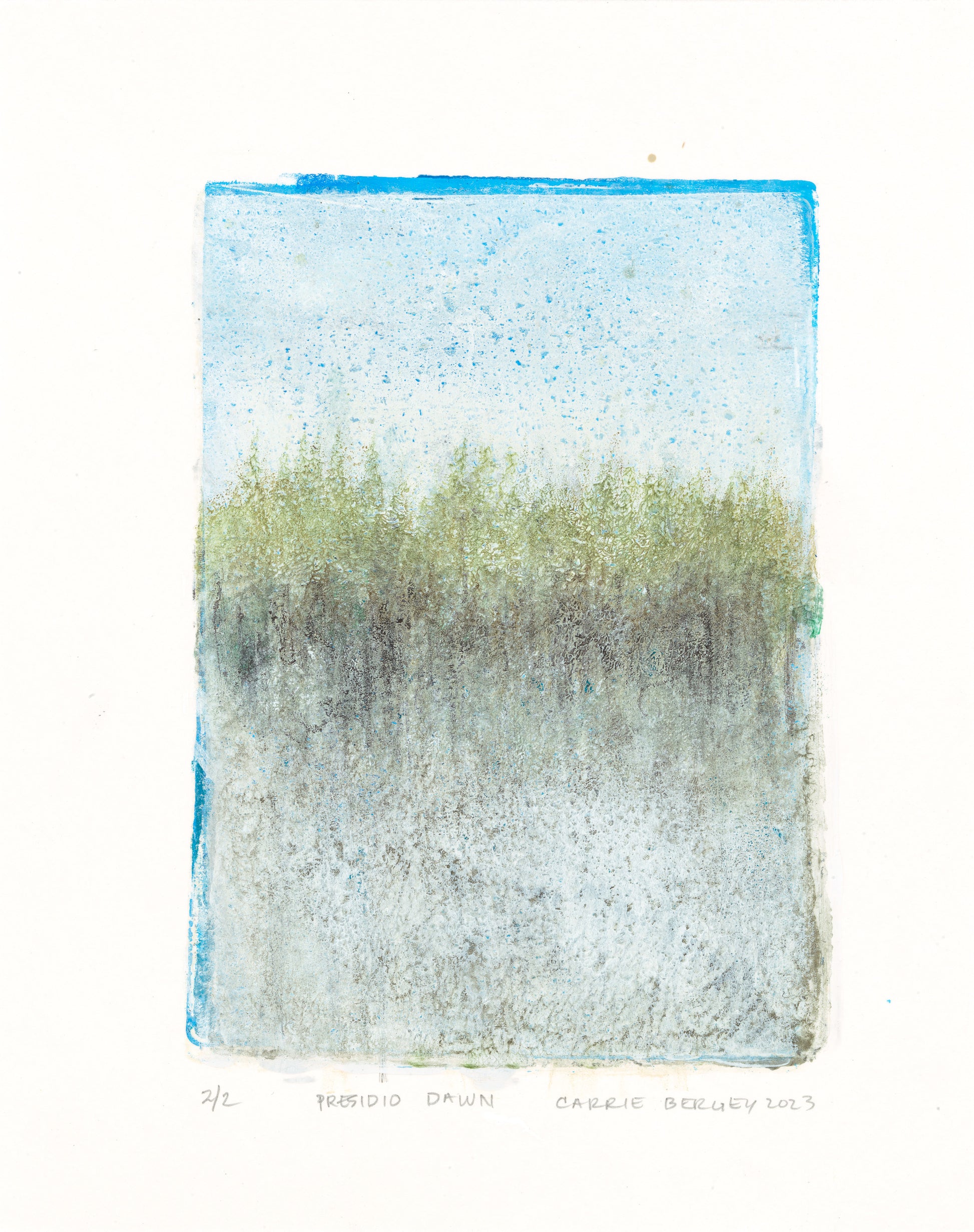 Presidio Dawn Art - Carrie Bergey Fine Monoprint | Painting showcases a peaceful morning scene with textured brushwork, ideal for minimalist wall art.