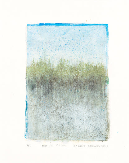 Presidio Dawn Art - Carrie Bergey Fine Monoprint | Painting captures a misty forest at dawn in acrylic, perfect for nature-inspired interior artwork collections.