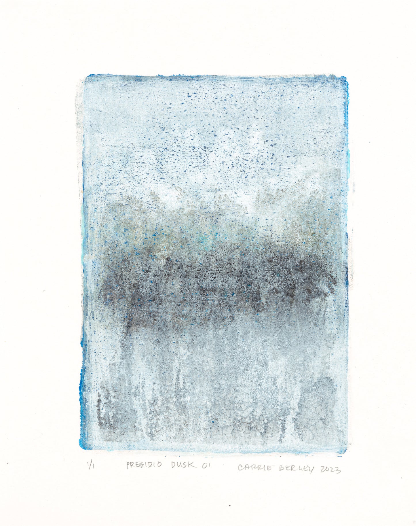 Presidio Dusk 01 monoprint from the Diptych Collection, highlighting moody blue-gray gradients that reflect the forest at dusk.