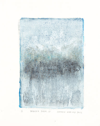 Presidio Dusk 01 monoprint from the Diptych Collection, highlighting moody blue-gray gradients that reflect the forest at dusk.