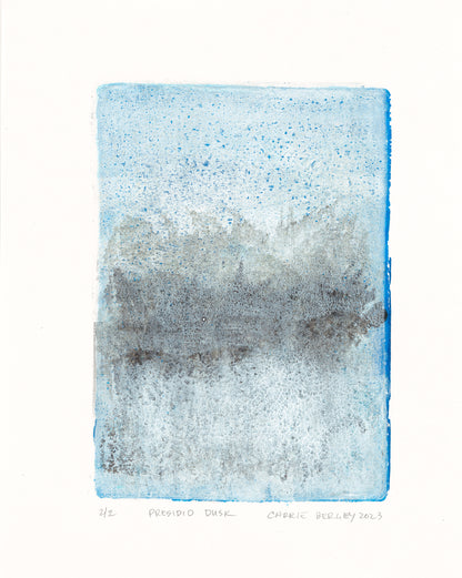Single print from the Presidio Dusk Original Fine Art Monoprint Diptych Collection by Carrie Bergey, featuring layered blue and gray textures evoking twilight.