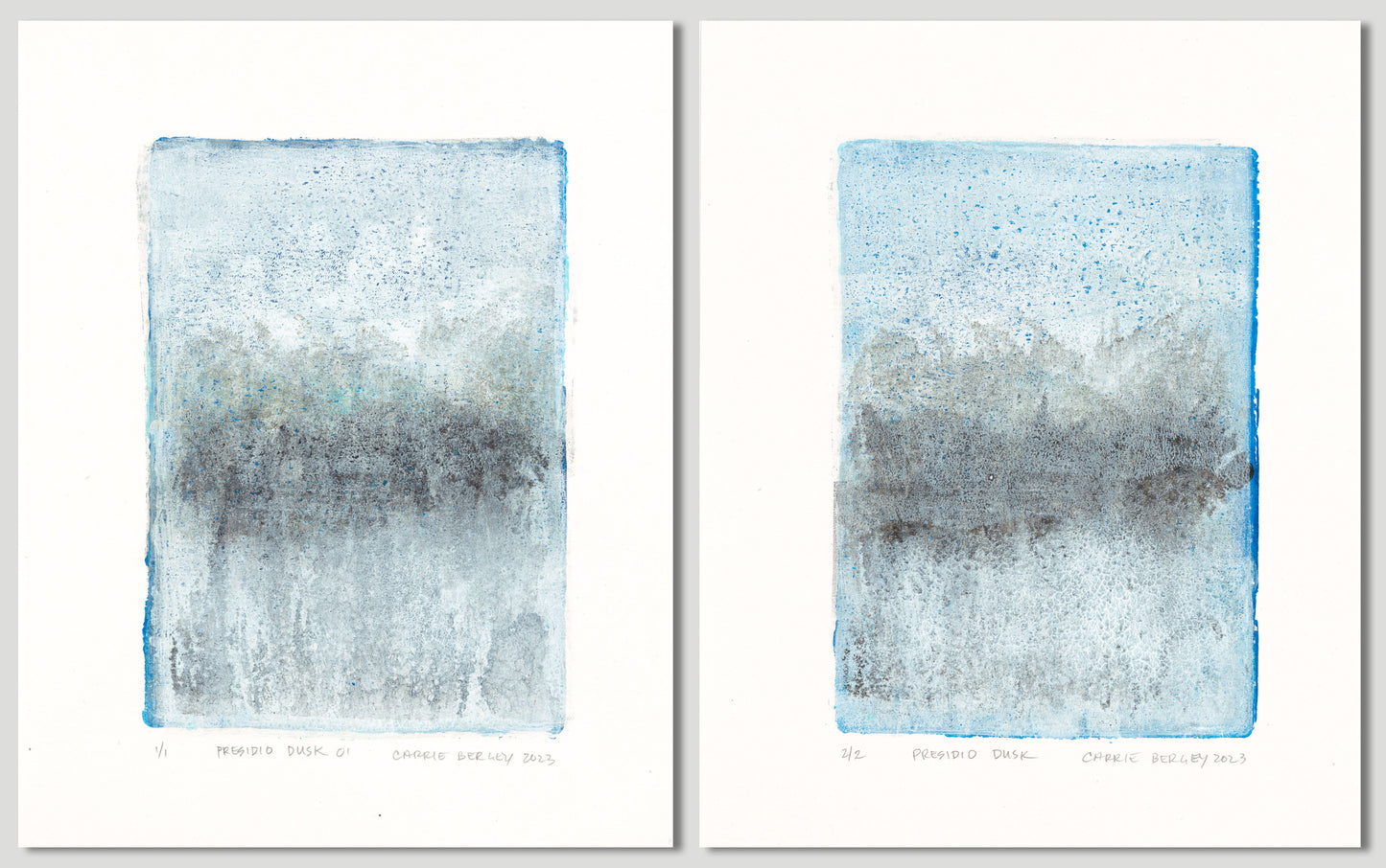 Full Presidio Dusk Original Fine Art Monoprint Diptych Collection by Carrie Bergey, featuring two complementary abstract prints in cool twilight tones.