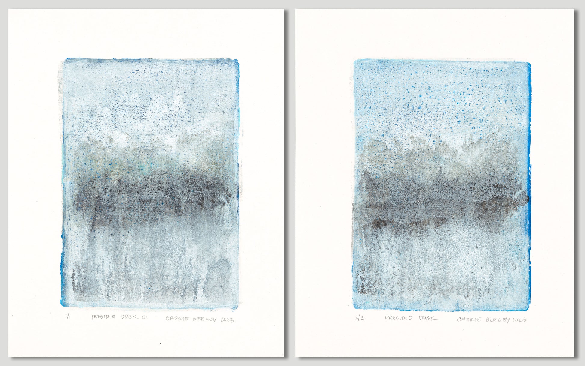 Full Presidio Dusk Original Fine Art Monoprint Diptych Collection by Carrie Bergey, featuring two complementary abstract prints in cool twilight tones.