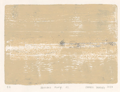 Presidio Play 02 by Carrie Bergey, minimalist monoprint in beige with subtle white textures. Limited edition fine art print from abstract series.