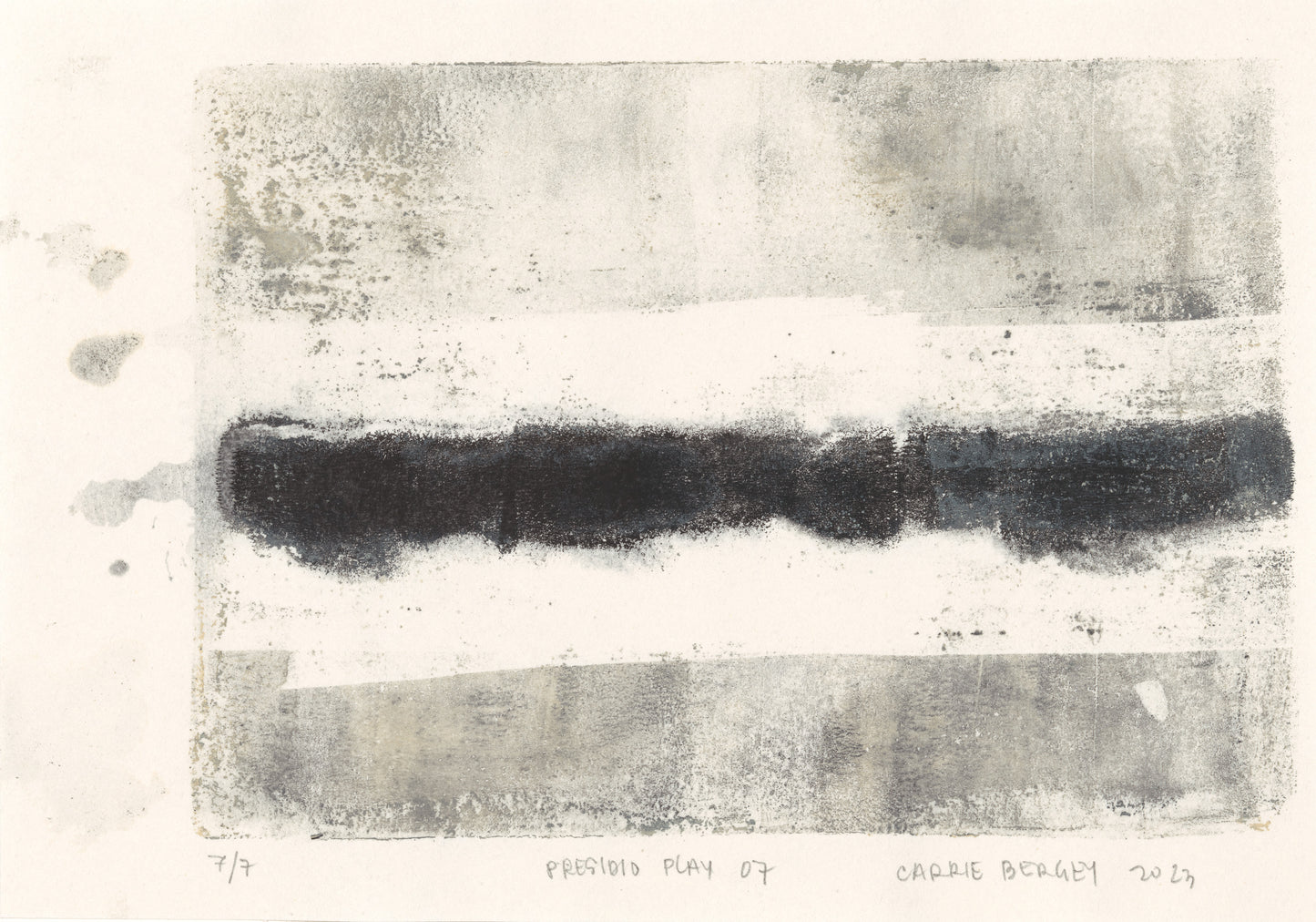 Presidio Play 07 by Carrie Bergey, abstract monoprint with horizontal black band and soft gray textures. Limited edition fine art print.