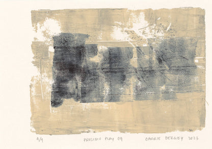 Presidio Play 09 by Carrie Bergey, expressive monoprint with bold black brushstrokes over a beige background, from the Presidio Play art collection.