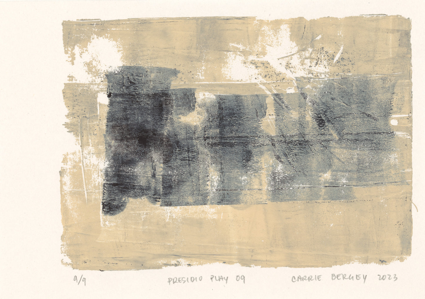 Presidio Play 09 by Carrie Bergey, expressive monoprint with bold black brushstrokes over beige. Limited edition fine art print from abstract series.