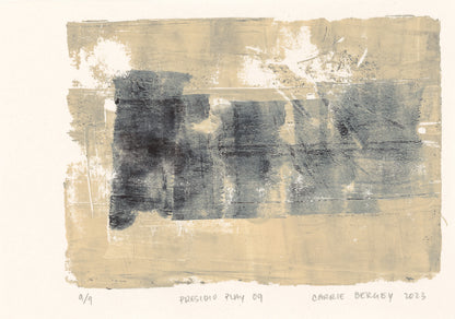 Presidio Play 09 by Carrie Bergey, expressive monoprint with bold black brushstrokes over beige. Limited edition fine art print from abstract series.