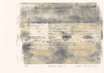 Presidio Play 10 by Carrie Bergey, abstract monoprint with layered beige and gray textures and subtle white lines, part of the Presidio Play series.