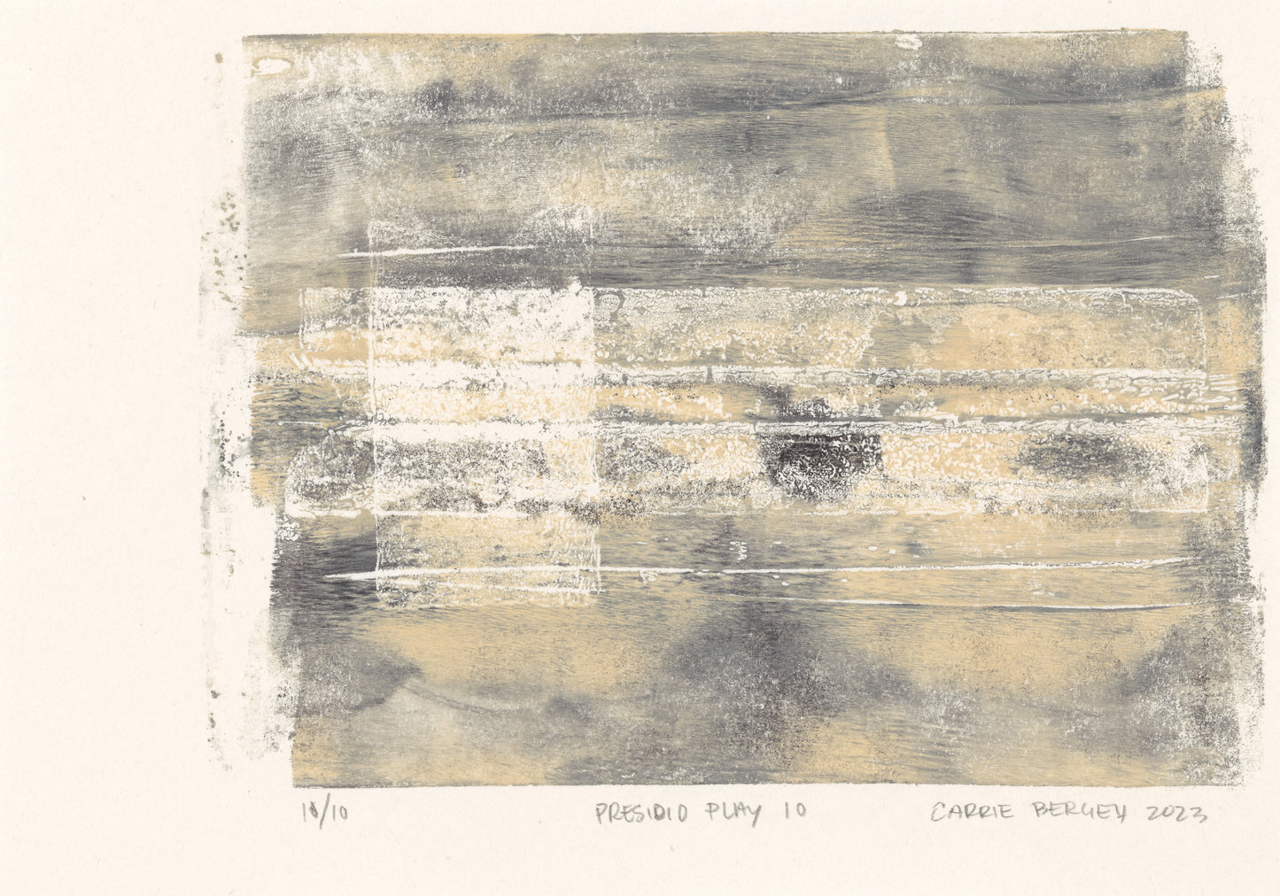 Presidio Play 10 by Carrie Bergey, abstract monoprint in soft beige and gray tones with layered textures. Limited edition fine art print.