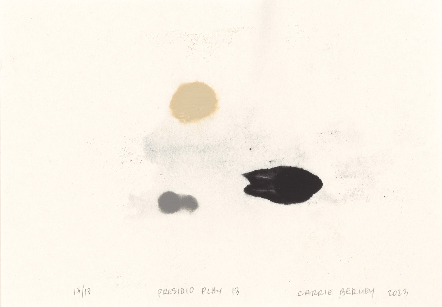 Presidio Play 13 by Carrie Bergey, minimalist monoprint with three organic shapes in black, beige, and gray. Limited edition fine art print.