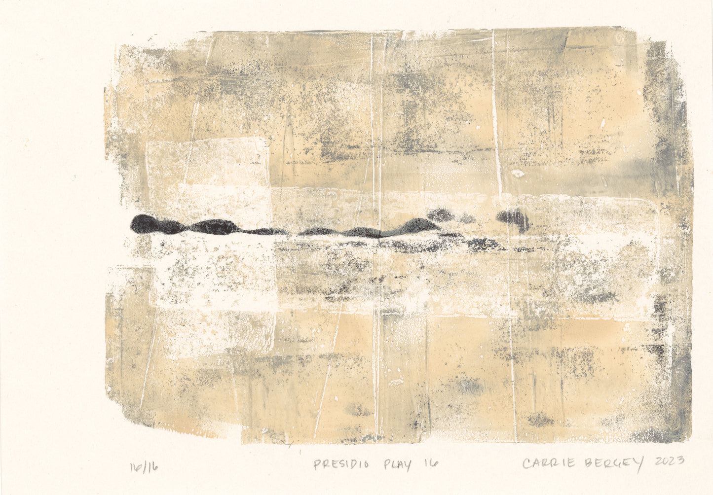 Presidio Play 16 by Carrie Bergey, abstract monoprint in beige and black with textured layers. Part of limited edition fine art print collection.