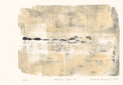 Presidio Play 16 by Carrie Bergey, abstract monoprint in beige and black with textured layers. Part of limited edition fine art print collection.
