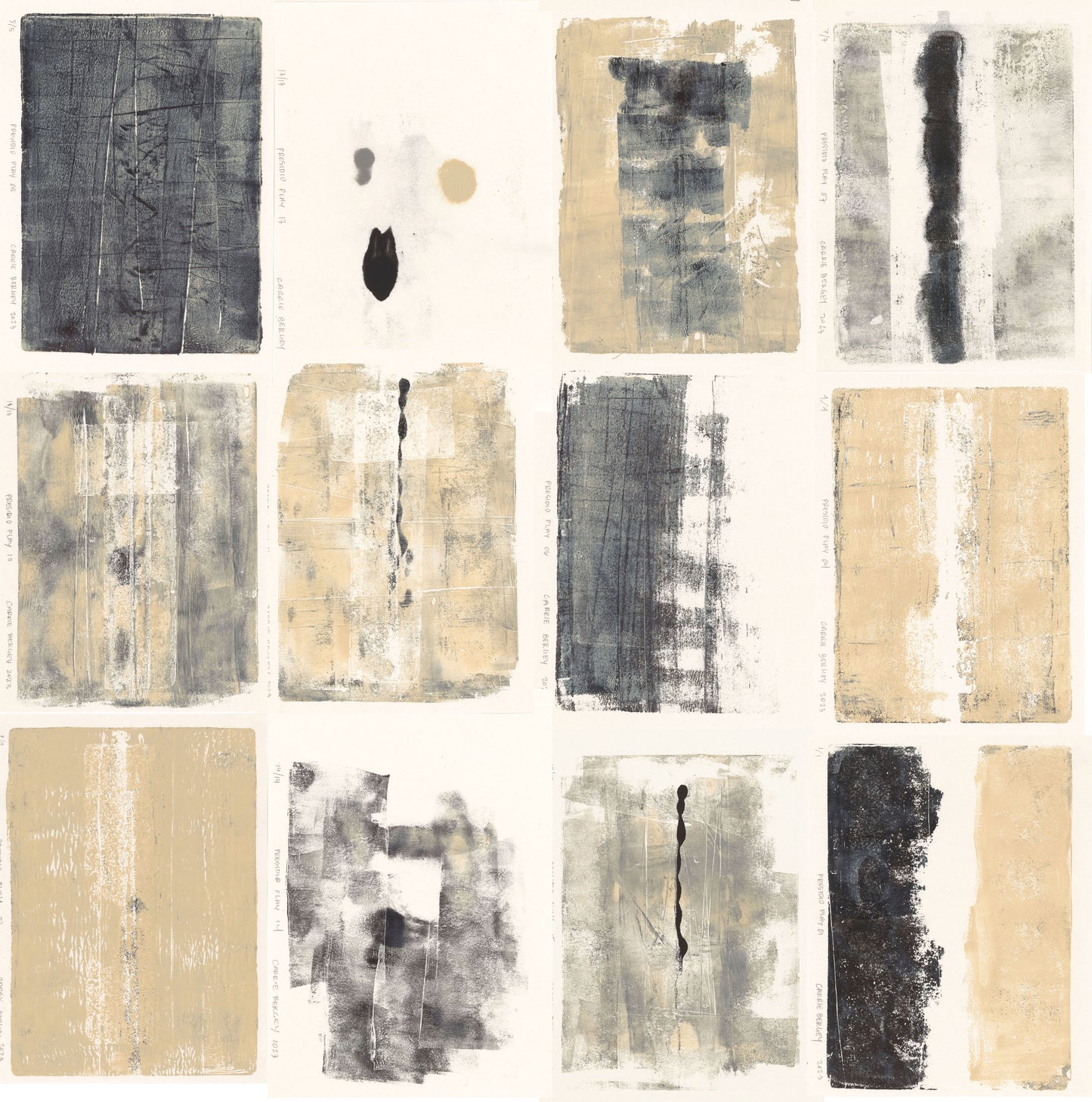 Carrie Bergey's Presidio Play monoprint series with 12 vertical abstract compositions in earthy tones. Limited edition fine art prints for modern decor.
