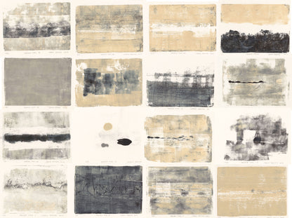Full layout of Presidio Play Original Fine Art Monoprint Collection by Carrie Bergey, showcasing 18 unique abstract prints in a cohesive grid format.