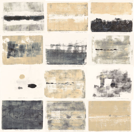 Presidio Play Original Fine Art Monoprint Collection by Carrie Bergey displayed in a modern dining room. Limited edition abstract prints in neutral tones.