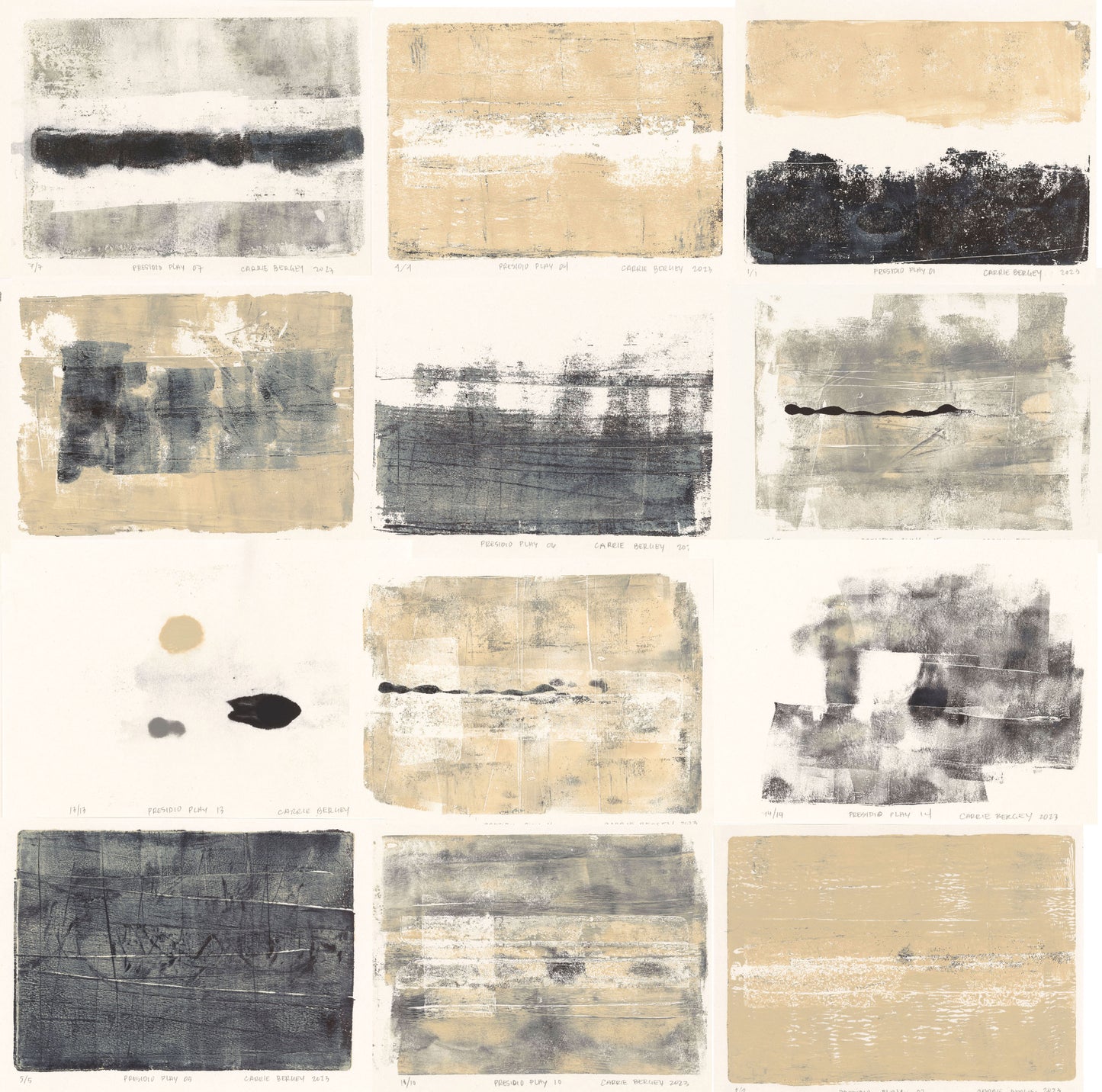 Presidio Play Original Fine Art Monoprint Collection by Carrie Bergey featuring 12 abstract prints in beige, black, and gray. Limited edition fine art prints.