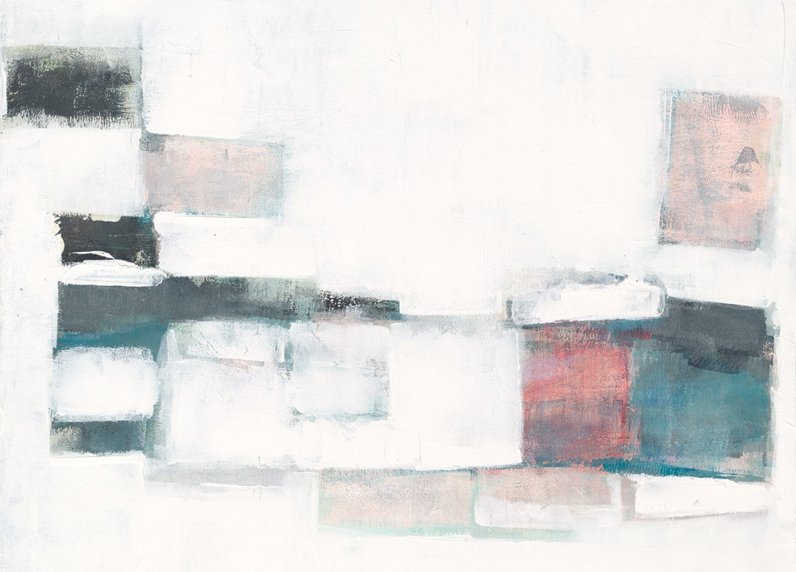 Close-up of Processing Original Fine Art Painting Diptych Collection with layered pastel blocks and soft brushstrokes on a white background.