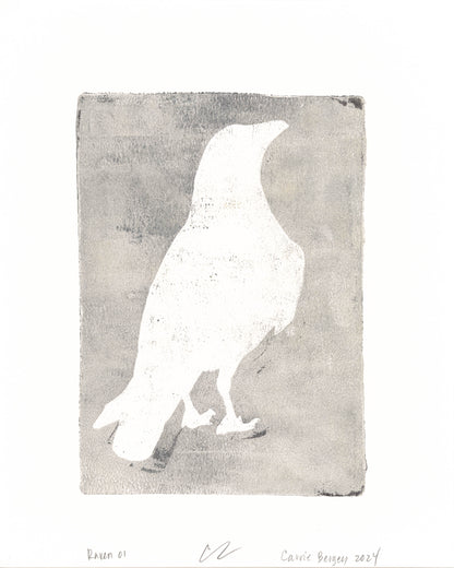 Duplicate of Raven 01 monoprint by Carrie Bergey, showing a pale raven silhouette on a soft gray background.