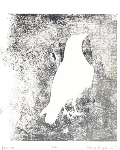 Duplicate of Raven 03 monoprint by Carrie Bergey, featuring a white raven against a textured black and gray background.