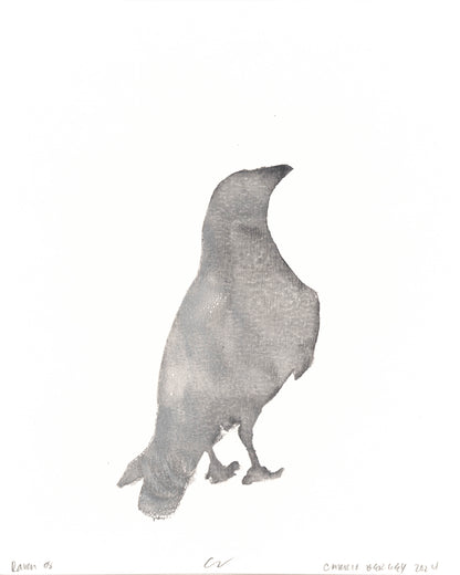 Duplicate of Raven 08 monoprint by Carrie Bergey, presenting a soft gray raven silhouette with subtle shading.