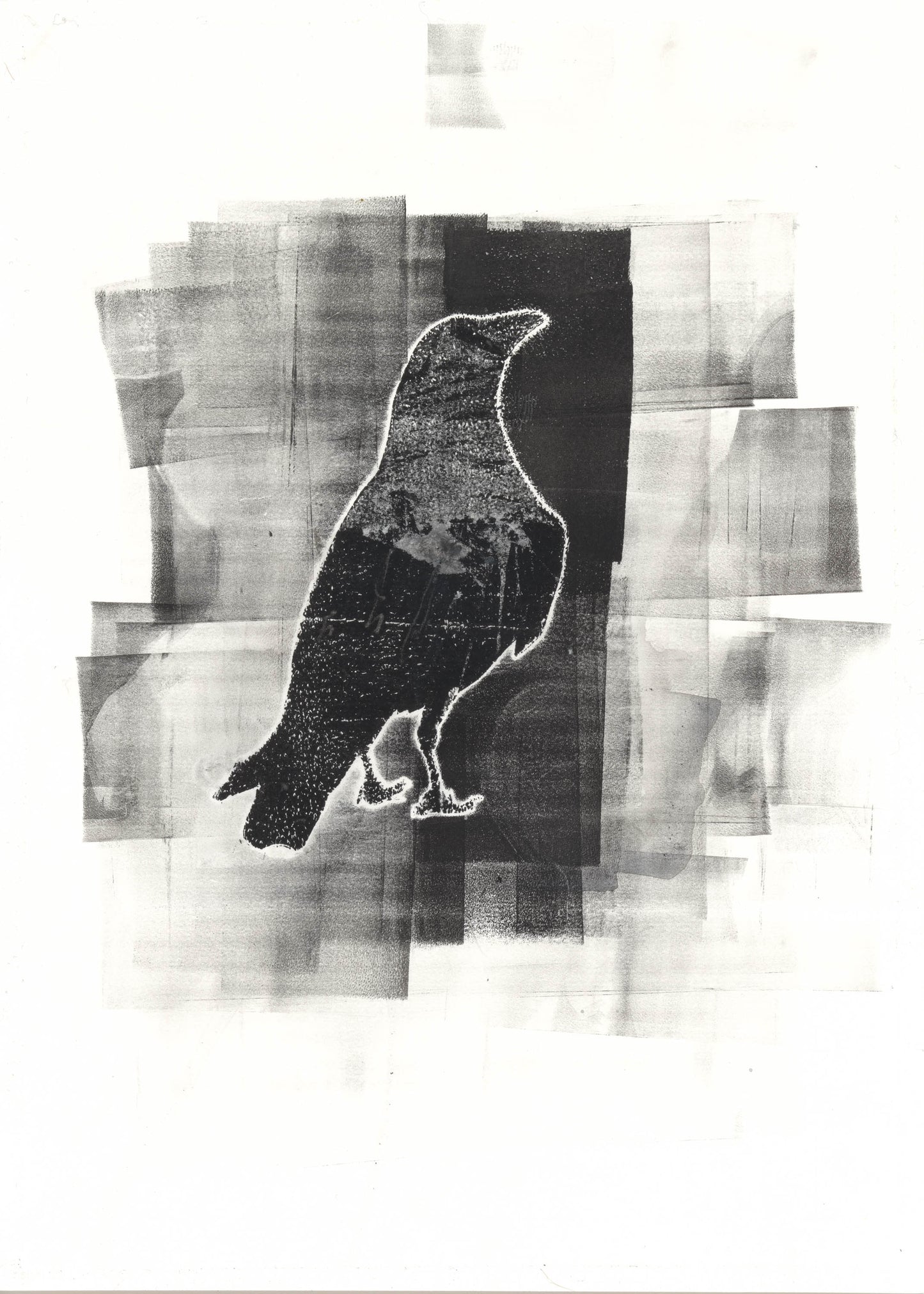 Duplicate of Raven 10 monoprint by Carrie Bergey, featuring a black raven over a geometric grayscale background.