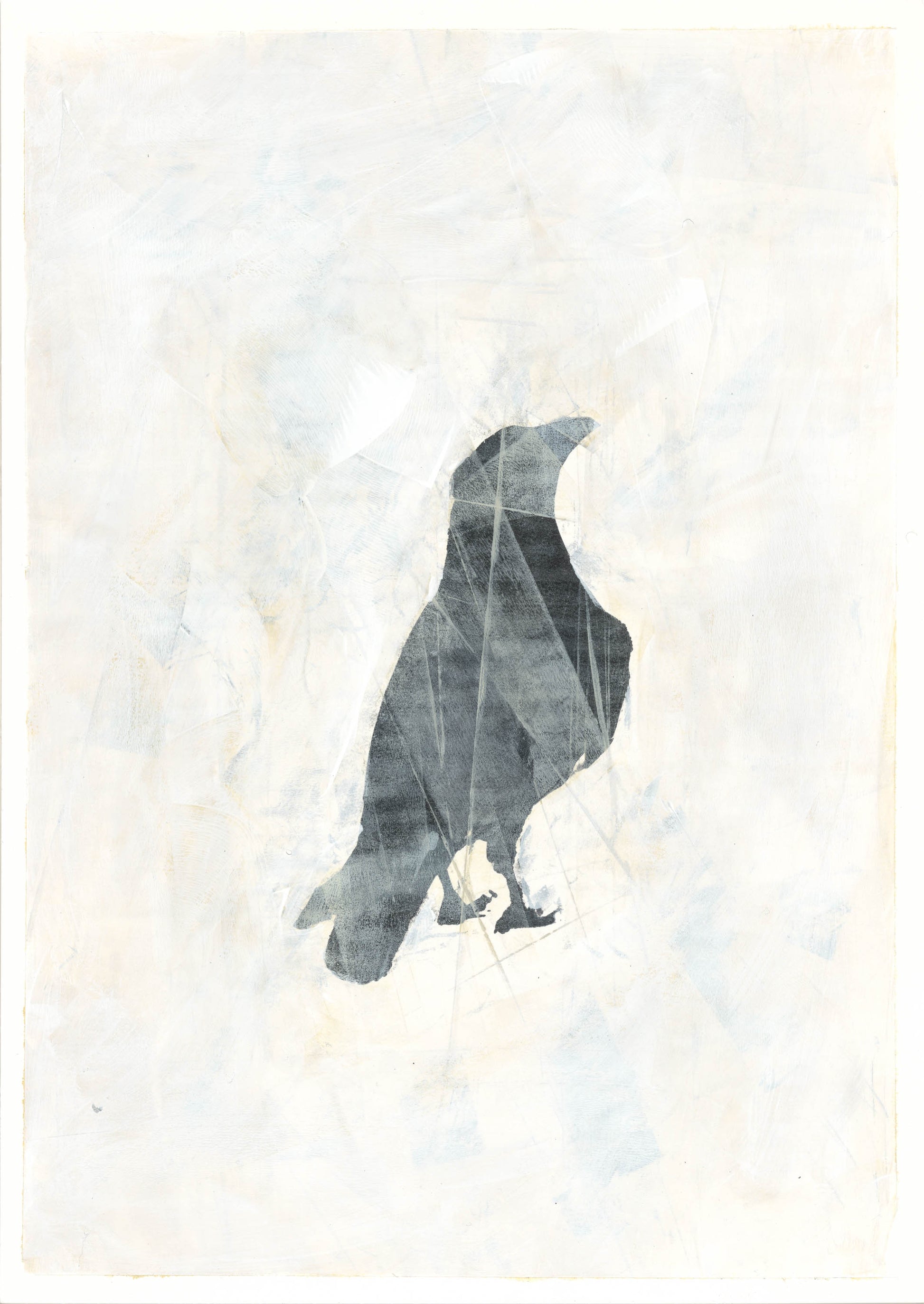 Raven 11 Original Fine Art Monoprint by Carrie Bergey presents a striking black raven on a soft abstract background, enhancing any artistic interior space.