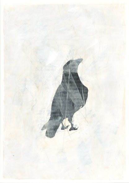 Raven 11 Original Fine Art Monoprint by Carrie Bergey presents a striking black raven on a soft abstract background, enhancing any artistic interior space.