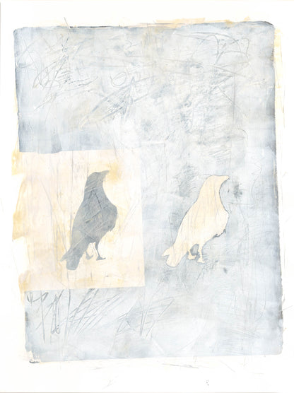 Carrie Bergey's monoprint featuring two raven silhouettes in contrasting tones. A textured and symbolic piece from the Octaptych Collection.