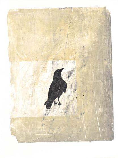 Single raven monoprint with beige and white abstract background by Carrie Bergey. A bold and expressive artwork for modern decor.