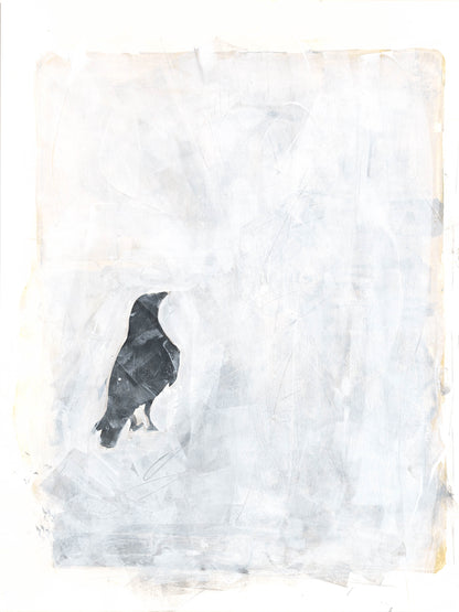 Black raven on a soft white-gray background in Carrie Bergey's monoprint. A minimalist and powerful piece from the Octaptych Collection.