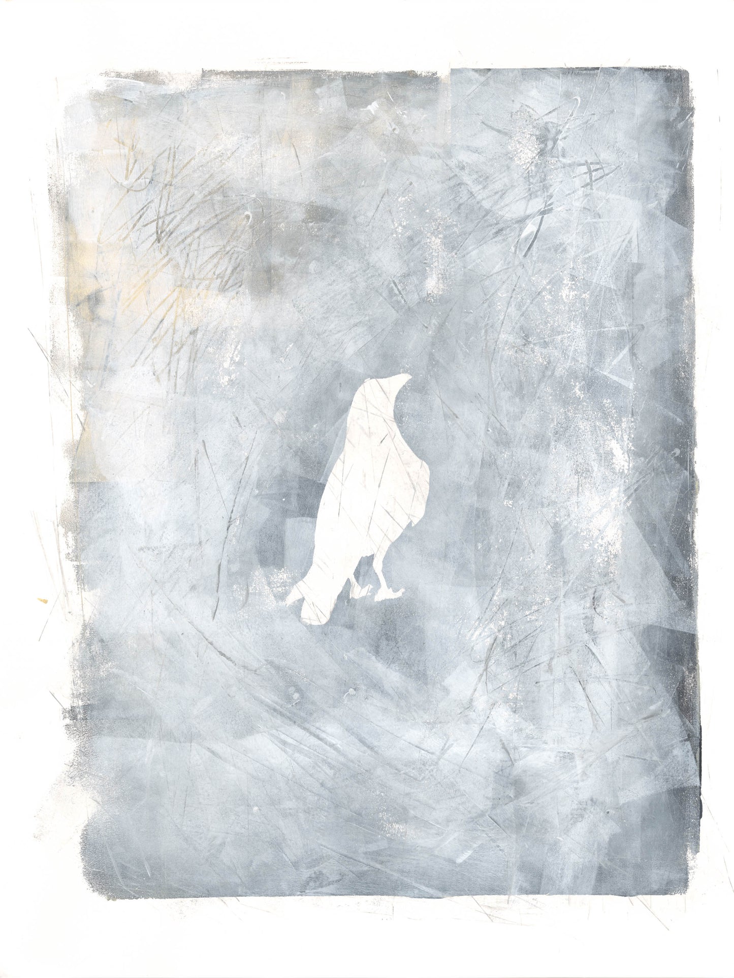 White raven silhouette on a textured gray canvas in Carrie Bergey's monoprint. A minimalist and symbolic piece for contemporary spaces.
