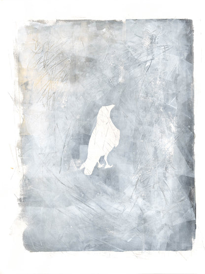 White raven silhouette on a textured gray canvas in Carrie Bergey's monoprint. A minimalist and symbolic piece for contemporary spaces.